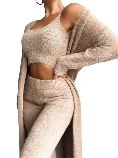 Fall Women Pant Sets Sweater Pajamas for Women Set Cozy Lounge Wear Fuzzy Fleece Sleepwear with Robe 3 Pieces Lounge Wear Sets