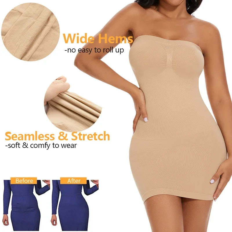 Sexy Full Slip Shapewear Women Dress off Shoulder Bodycon Strapless Underdress Smooth Compression Body Shaper Slimming Waist