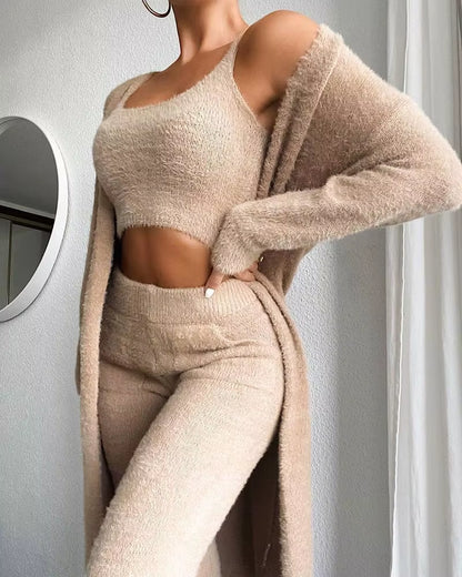 Fall Women Pant Sets Sweater Pajamas for Women Set Cozy Lounge Wear Fuzzy Fleece Sleepwear with Robe 3 Pieces Lounge Wear Sets