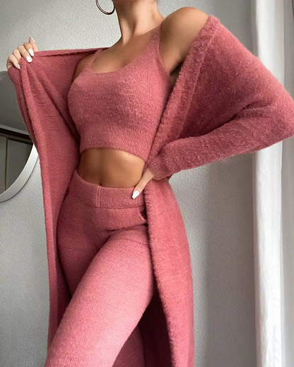 Fall Women Pant Sets Sweater Pajamas for Women Set Cozy Lounge Wear Fuzzy Fleece Sleepwear with Robe 3 Pieces Lounge Wear Sets