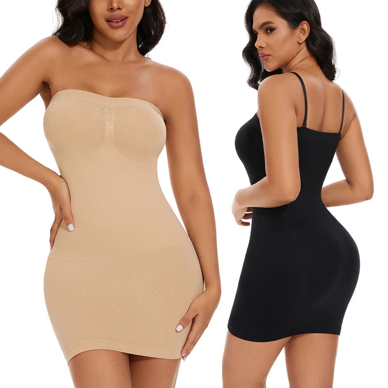 Sexy Full Slip Shapewear Women Dress off Shoulder Bodycon Strapless Underdress Smooth Compression Body Shaper Slimming Waist